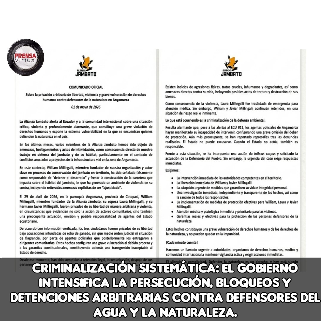 PRENSAVirtual_'s tweet photo. #Ecuador|| [#Denuncia] 
Lo ocurrido en Angamarca no es un hecho aislado ni un error procedimental; es el síntoma de una política represiva que se ha vuelto el sello de este gobierno. No se trata solo de la resistencia de #Yasunidos, ni de la lucha histórica de los defensores del agua en #Cuenca, ni de la valiente oposición del Frente Nacional Antiminero, ni del reciente atropello contra los protectores del Jambato.
​Estamos ante una persecución sistemática que ha escalado de la estigmatización al uso del aparato judicial y financiero como armas de guerra. El bloqueo de cuentas bancarias, las detenciones arbitrarias sin orden judicial y la fabricación de delitos infundados son tácticas diseñadas para asfixiar no solo a los defensores de los recursos hídricos, sino a las organizaciones de #DerechosHumanos en su conjunto. Esta ofensiva articulada contra quienes cuidan la vida y el territorio causa, por decir lo menos, una profunda preocupación internacional y pone en entredicho el estado de derecho.
