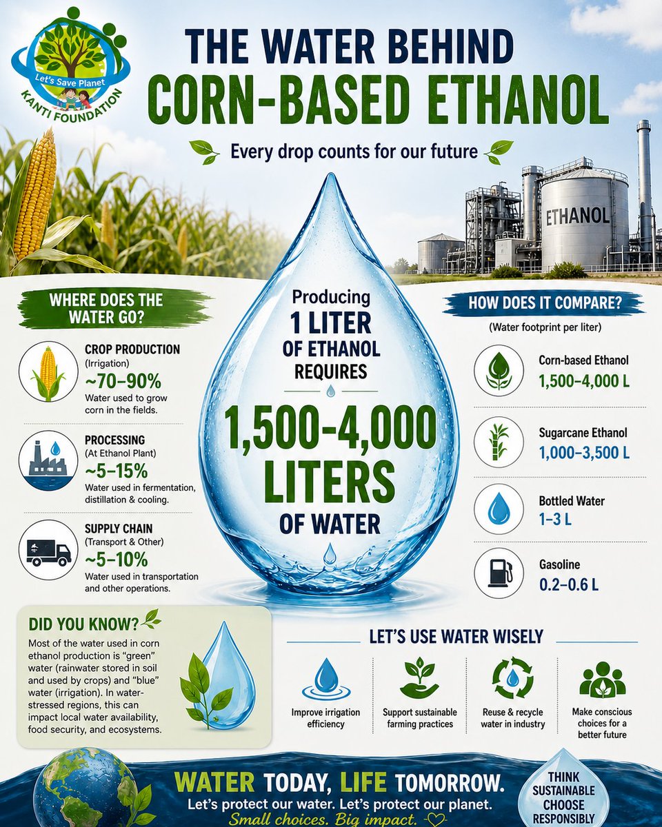 KantiFoundation's tweet image. 💧 1L ethanol = up to 4,000L water 😳
Are we saving fuel but draining water? 🌽

Think sustainable. Act responsible. 🌍💙

#SaveWater #ClimateAction #Sustainability #Ethanol #Environment #GreenEnergy #WaterCrisis