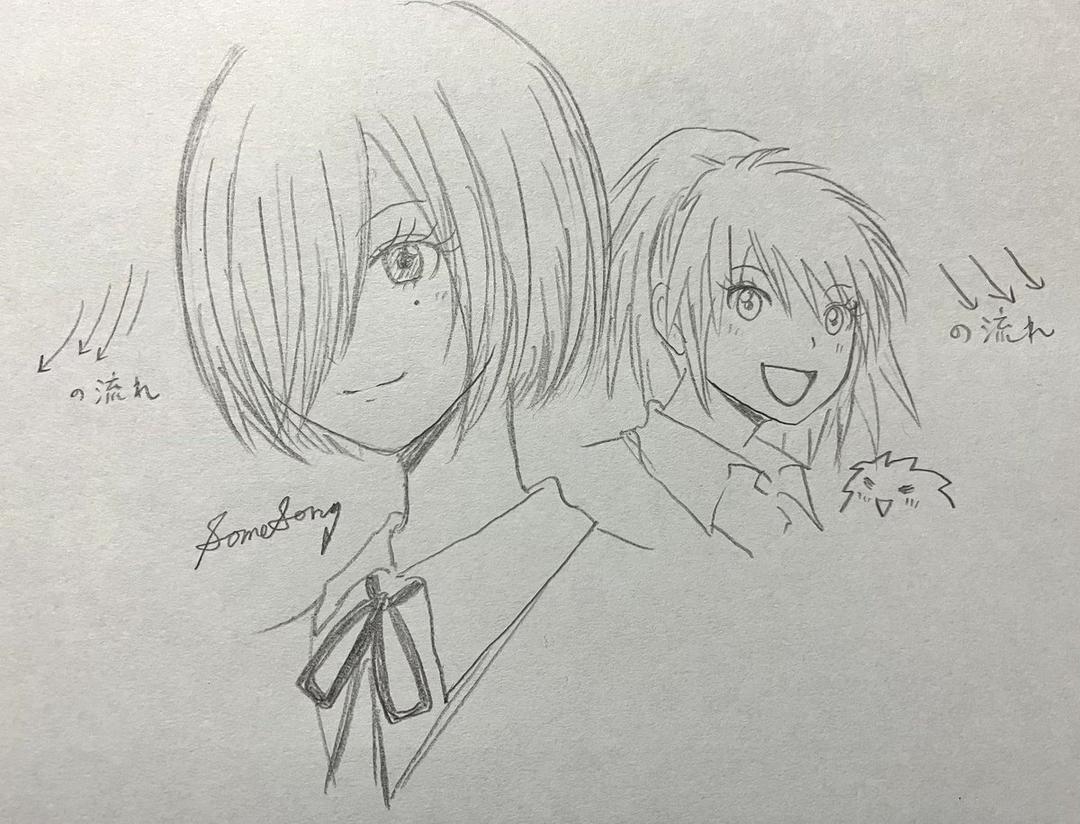 (雑記)
昔フォロワーさんと集団創作してた頃に、右側メカクレの子が描きにくい、との意見があって、正直(何でやろ？)と当時思ってたんですけど、
利き手と髪の流れに関する呟きをお見かけして、そういうことか！と今更ながら納得。