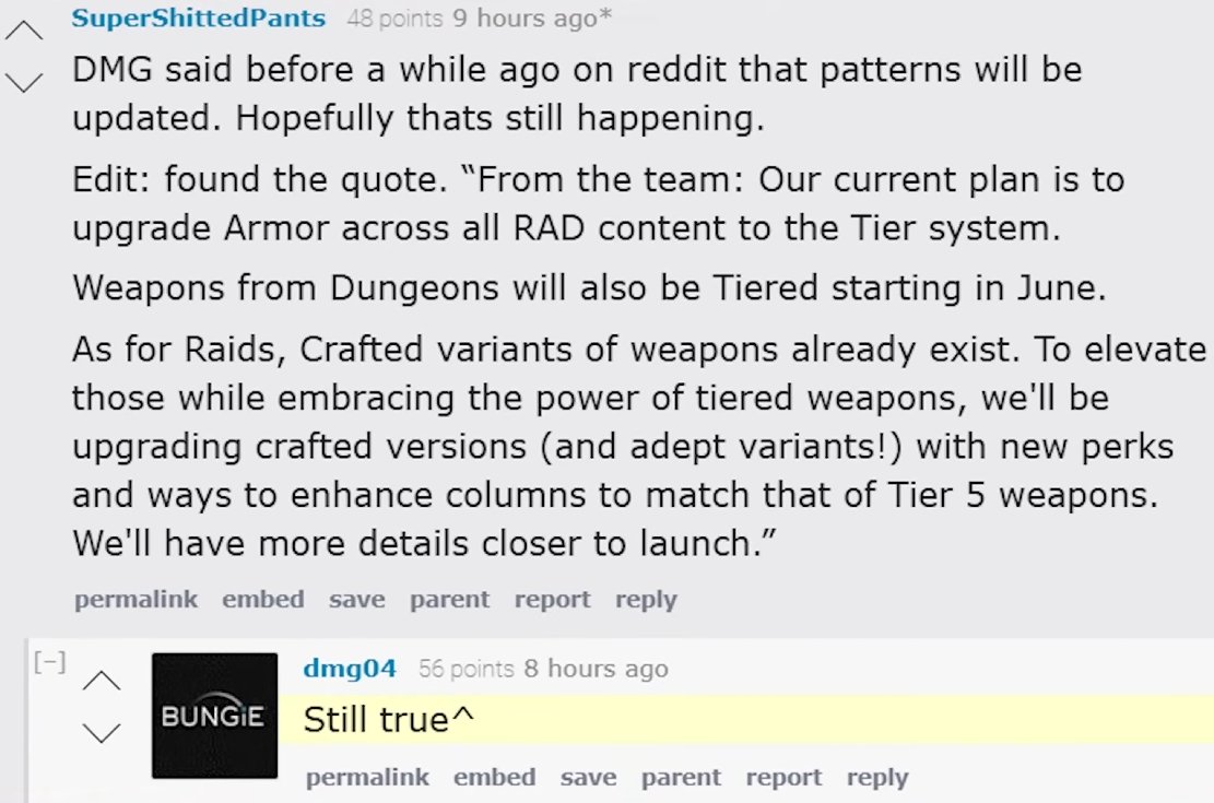 SonderCycle's tweet photo. @Destiny2Team @A_dmg04 I recently saw this confirmation from you, but I had a question:

When we do acquire these weapons, will they be featured? Like will I be able to take a tier 5 Hezen Vengeance from VOG and take it into a conquest mission? Or is it non-crafted versions only? https://t.co/9nCKpBuglE