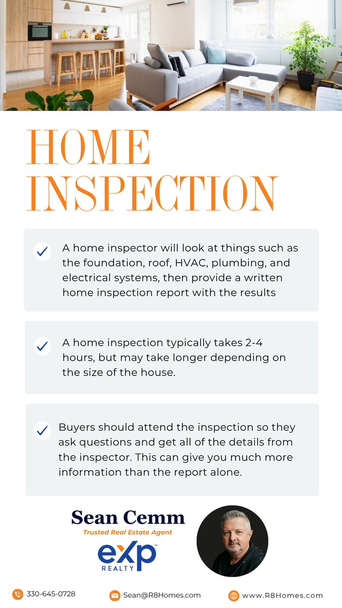 SeanCemmRE's tweet image. 🏡 Home inspections matter! Inspectors check foundation, roof, HVAC, plumbing &amp;amp; more—usually in 2–4 hours.

Tip: Attend your inspection to ask questions &amp;amp; learn more than what’s in the report.

Need guidance?
📞 Sean Cemm – 330-645-7280
🌐 R8Homes.com
#HomeInspection