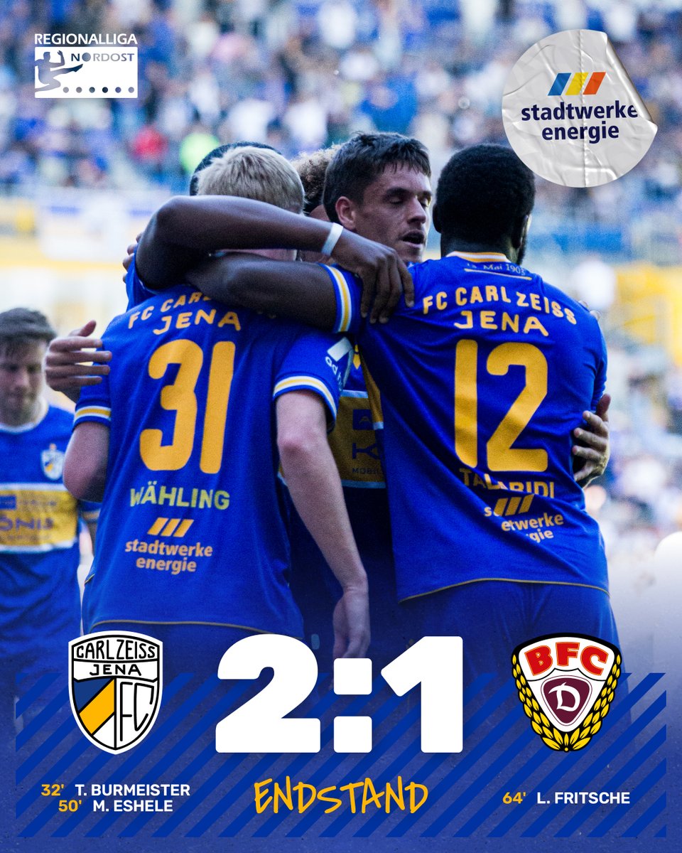 fccarlzeissjena's tweet image. 𝐄𝐍𝐃𝐒𝐓𝐀𝐍𝐃

HEIMSIEG! Wir gewinnen das Duell mit dem BFC mit 2:1.

#FCC #MehrAlsFussball #fccarlzeissjena #regionalliga #regionalliganordost #meistermüssenaufsteigen #FCCBFC