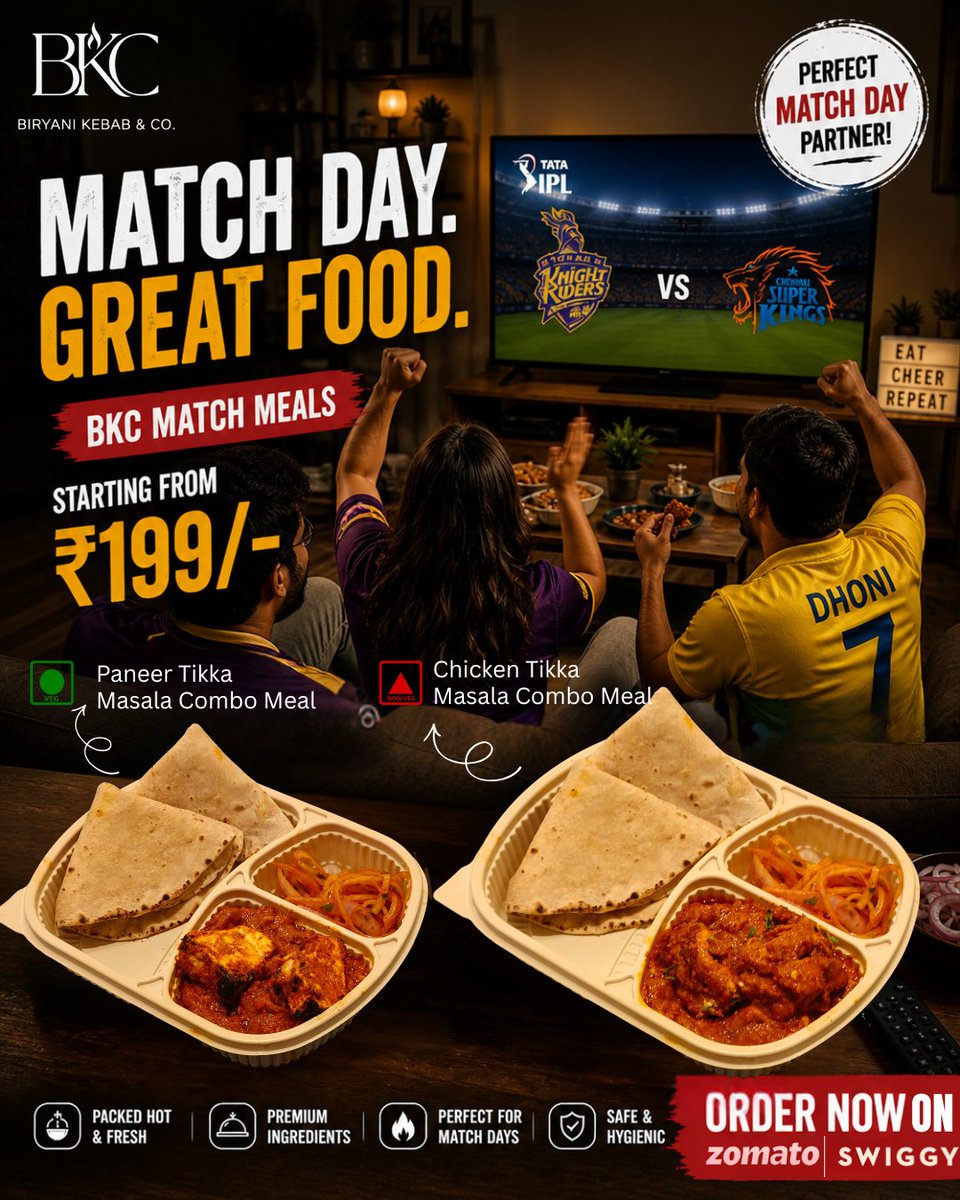 HotelThe65855's tweet image. Match day at home hits different. 🏏🔥

Big screen on.
Friends ready.
Food sorted.

BKC Match Meals starting at ₹199/-

Order now &amp;amp; don’t miss a moment.

#BKC #ipl2026 #biryani #kebab #pocketfriednly