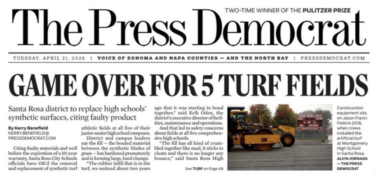 BanPlasticTurf's tweet image. Santa Rosa, California schools. 

5 more faulty artificial turf systems.

Failing after only 7 yrs.

The infill “has hardened prematurely and is forming large, hard clumps.”

Safety concern.

Millions of dollars in public investment.

pressdemocrat.com/2026/04/18/san…