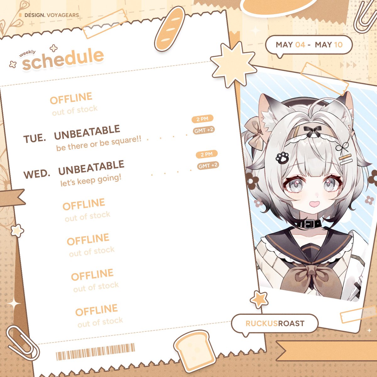 RuckusRoast's tweet image. Schedule for this week! Seeya there ⊹₊
May 04 - May 10 ₍^. .^₎⟆

#VTuber | #ENVTuber | #VTuberUprising