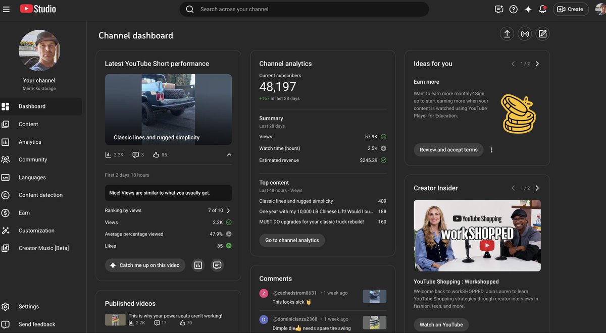 MerricksGarage's tweet photo. @TeamYouTube Here is a screenshot of my account before it was hacked https://t.co/WulAwfU3Lo
