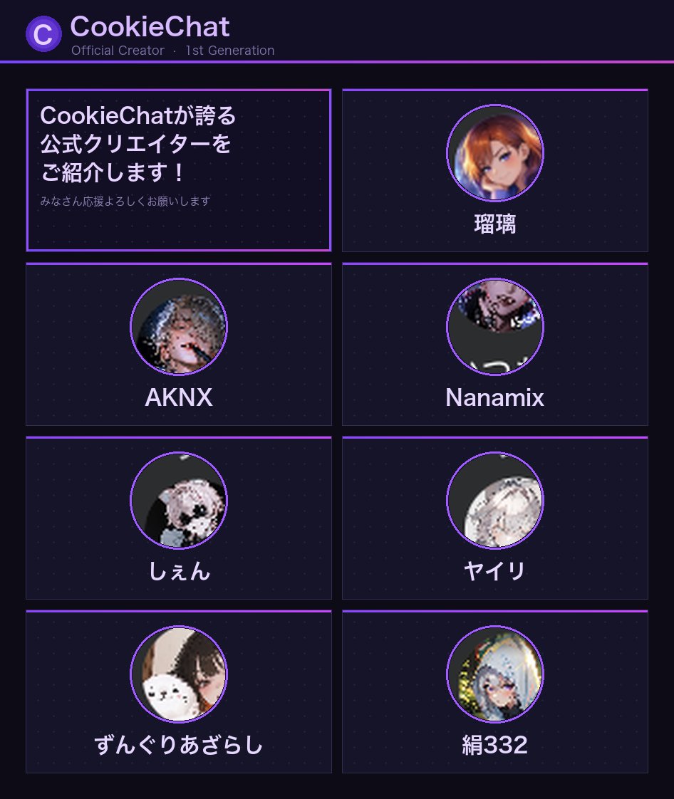 HYZE_Japan's tweet photo. 🍪✨ CookieChat公式クリエイターをご紹介します！

魅力的なキャラクターたちのおかげで、 毎日新しく進化できています。 いつも本当にありがとうございます🙏💜
もっとたくさんの才能あるクリエイターと 素敵な世界を一緒に作っていきたい。
あなたの創作が、誰かの毎日を変えるかもしれない✨

#AIチャット
#クッキーチャット
#CookieChat