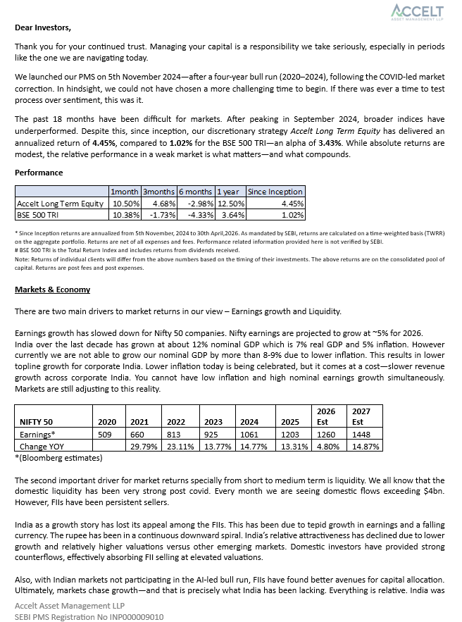 AcceltAsset's tweet photo. Accelt Asset Management LLP
SEBI PMS Registration No INP000009010

The world is changing. Markets are adjusting.

We remain focused on what matters: quality, discipline, and long-term compounding.
Sharing our latest investor update.

@_vaibhavagarwal https://t.co/7VAGef6LLF