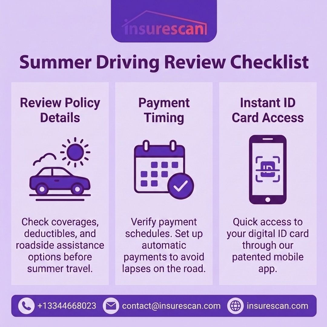 insurescan's tweet image. Before summer miles pick up, review your policy, payment date, and ID card access, and call 334-466-8023 if anything needs an update. #InsureScan #AutoCoverage #PolicyCheck #AlabamaDrivers #SouthCarolinaDrivers #InsuranceHelp #SummerDriving