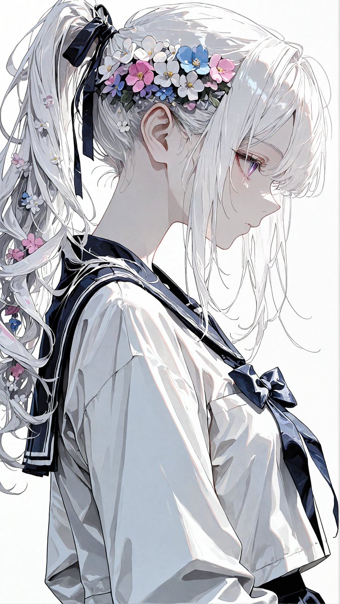No.671｜花冠をまとった白髪の横顔
黒いリボンと淡い花色が、静かな表情を引き立てる一枚
