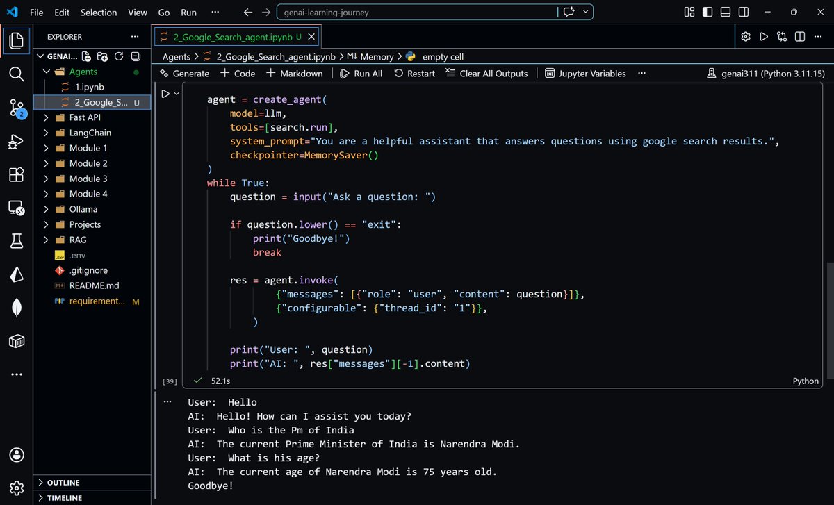 ItsDilip's tweet photo. Started diving into AI Agents today ⚡

Covered:
🤖 Agent basics
🛠️ Tool calling
🧠 Memory / conversation history
🔎 Google Search integration (Serper)

Building systems that can search, remember, and act🚀

#buildinpublic #genai #aiagents #langchain https://t.co/OtY1dchStd