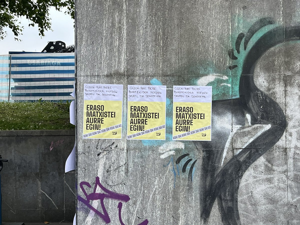 itaia_donostia's tweet photo. ⚠️ ASKI DA! Erailketa matxista saiakera bat Donostian.

Gizon bat bere bikotekidea itotzen saiatu da.

Ezinbestekoa da indarkeria matxistaren aurka antolatzen eta borrokatzen jarraitzea. 

INDARKERIA MATXISTARI AURRE EGIN! https://t.co/OiEnuWGuzM