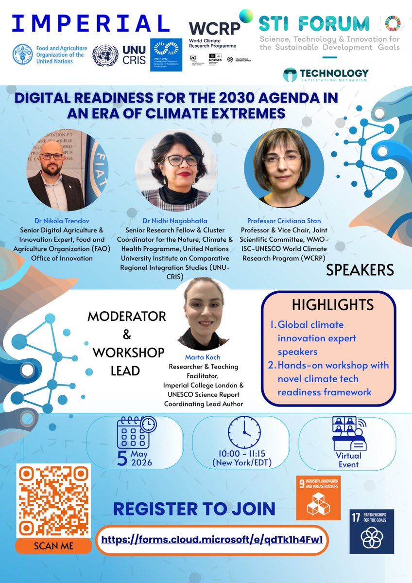 Marta__Koch's tweet image. 📣Look forward to moderating &amp;amp; leading online workshop @UNDESA Forum on Science,#Tech &amp;amp; #Innovation 4 #SDGs #STIForum2026 event:
🌐🛰️🌡️🌋#Digital Readiness 4 #2030Agenda in Era of #ClimateExtremes🌊🌪️❄️
📅5 May 2026
🕘10-11:15 EDT/16-17:15 CEST

➡️REGISTER shorturl.at/KZVoF