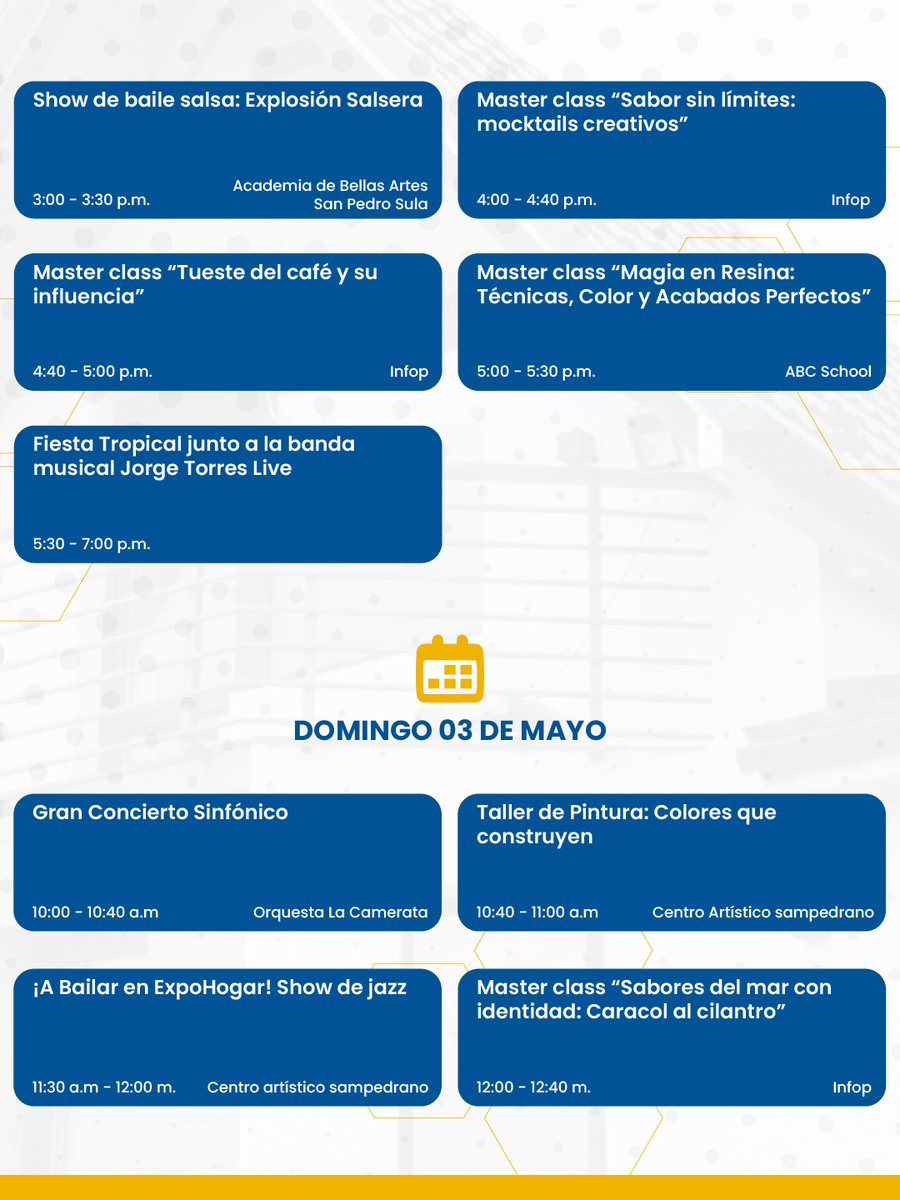 TSiHonduras's tweet photo. ✨HOY tu plan está en #ExpoHogar 🏡
Shows en vivo 🎻, baile 💃, cocina 🍽️, talleres 🎨 y más.
📍 Expocentro, SPS
📅 02 y 03 de mayo
⏰ 10AM–7PM
💛 Familiar | 🐾 Pet Friendly
🎟️ Entrada GRATIS
👉 Desliza y conoce el horario de actividades
@el5hn @tvc_experiencias https://t.co/orKWgtKR1j