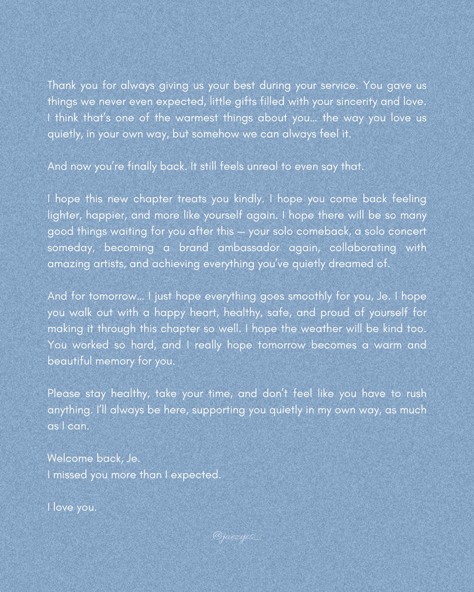 a little message for you, J.
welcome home 🤍

#WelcomeBack_Jaehyun
#군필복숭아_당도최고