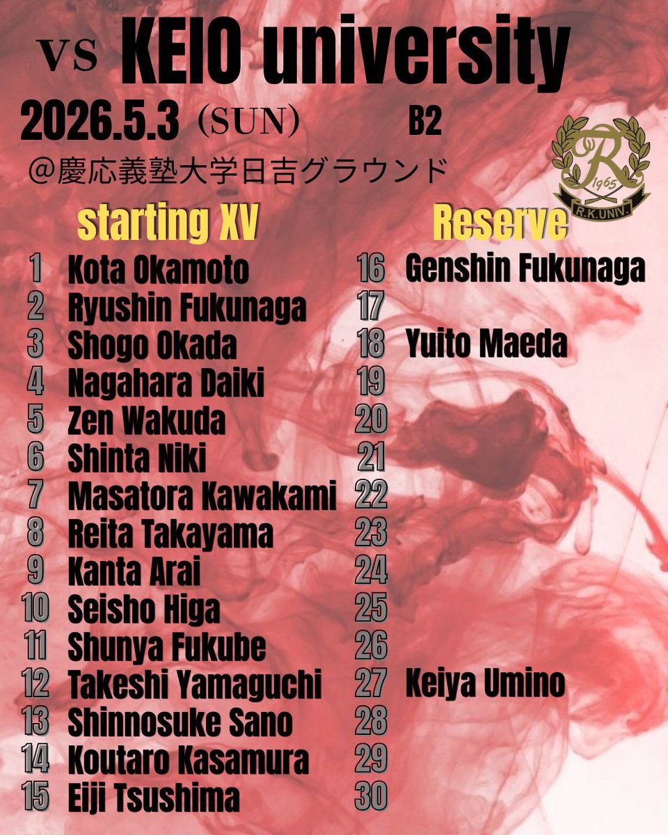 rkuteam's tweet photo. ✅トレーニングマッチ
      5月3日(日)
VS慶應義塾大学
  @慶應義塾大学日吉グラウンド

      B戦 14:50 K.O

応援よろしくお願いします🔥

#流通経済大学
#流通経済大学ラグビー部
#AsOne https://t.co/3vLMMHIwOJ