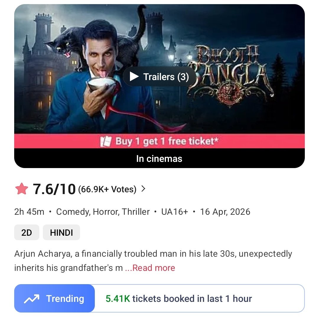 #BhoothBangla  
7-8pm 
Tickets sold on BMS- 5410
Yesterday- 2970

Total from 8am- 52700
Yest- 61250