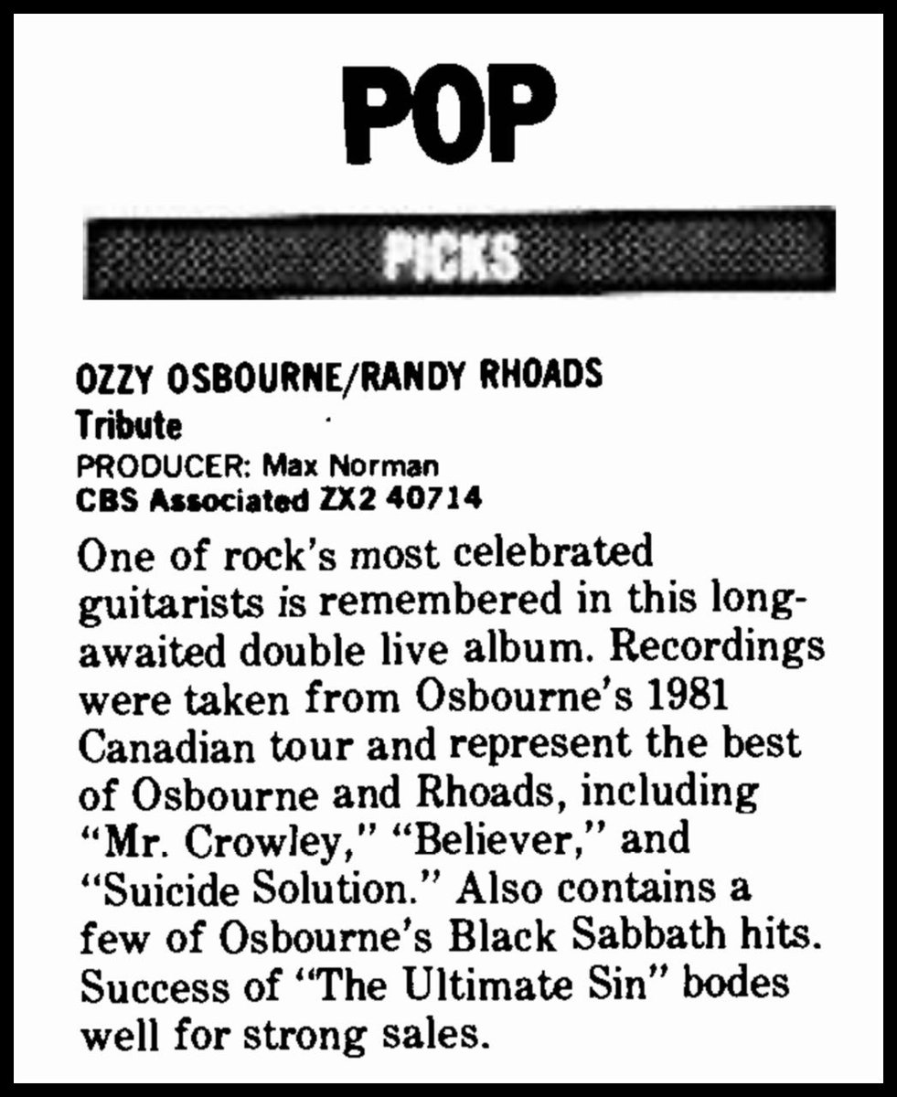 mitchlafon's tweet image. #Throwback ad &amp;amp; review
Both from May 2nd 1987

Billboard’s picks says: “One of rock’s most celebrated guitarist is remembered…”

And Canada’s RPM (magazine) ad states: “Over 25 000 units in Initial orders”

It’s the classic Ozzy/Randy Tribute