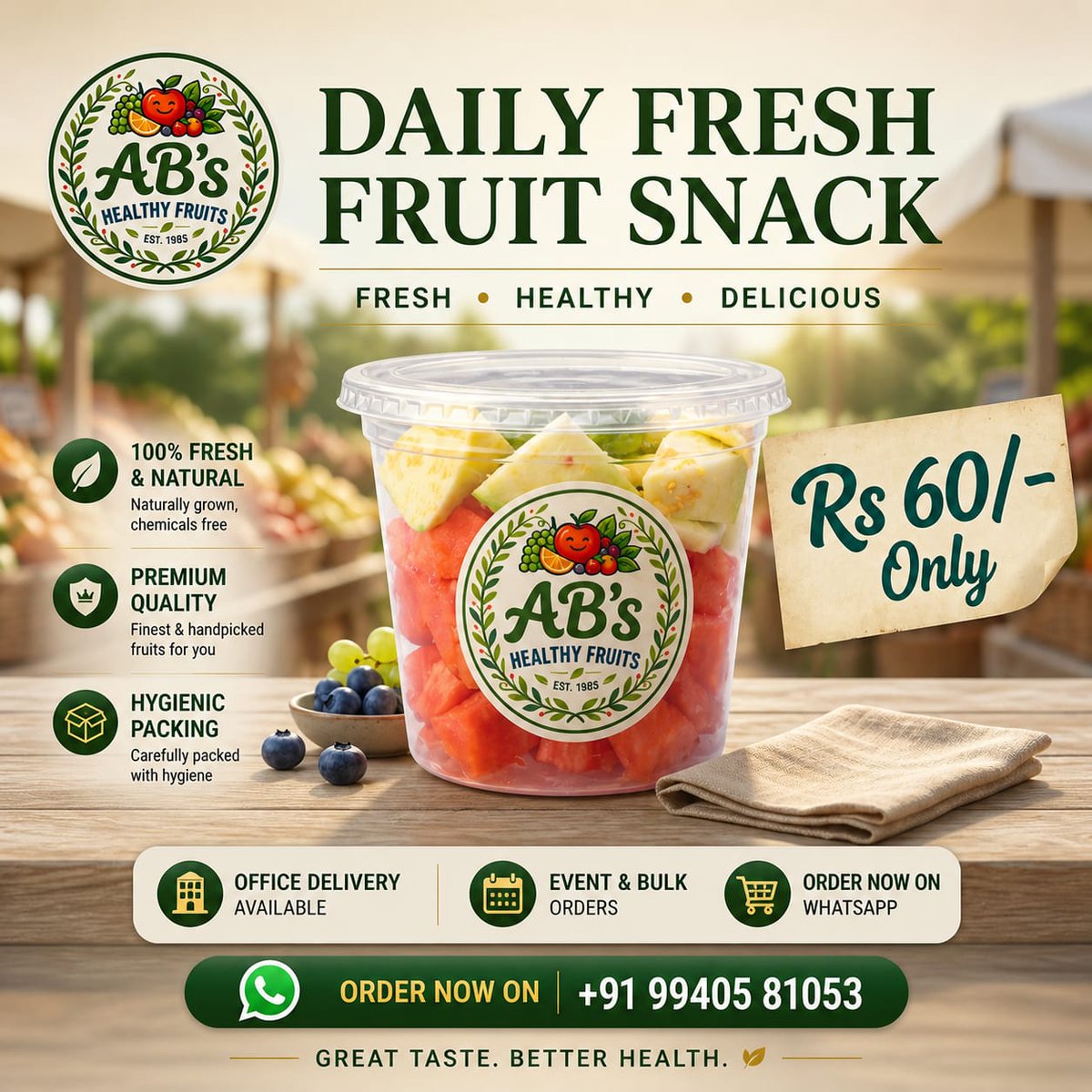 kick3anand's tweet image. Chennai’s coolest healthy snack 🍉🥭✨
Fresh fruit salad boxes from just ₹60 😍
🥗 Fresh &amp;amp; hygienic
🚚 FREE Delivery
🏢 Office Delivery
🎉 Bulk orders
📦 Monthly Package ₹1600/-
Beat the heat ☀️ Stay fresh 💚

📲 @abshealthyfruits

#ChennaiFoodie #HealthySnacks #FruitSalad