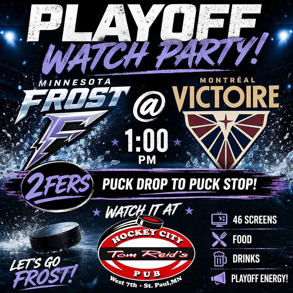 TomReidsPub's tweet photo. 🏒 Minnesota Frost playoff hockey today!
FROST @ VICTOIRE at 1pm! Watch the game here and enjoy 2fers from puck drop to puck stop!
Wild @ Avalanche at 8pm tomorrow!
Timberwolves @ Spurs Monday! https://t.co/MGFVgBJZtU