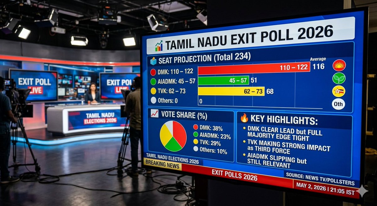 SouravDutt97's tweet photo. 📊 TAMIL NADU EXIT POLL 2026
🗳️ Seat Projection (Total 234)
🔴 DMK: 110 – 122
🟢 AIADMK: 45 – 57
🟡 TVK: 62 – 73
⚪ Others: 0
📈 Vote Share (%)
🔴 DMK: 38%
🟢 AIADMK: 23%
🟡 TVK: 29%
⚪ Others: 10%
🔥 #exitpoll #VijayFan #TVKVijay‌ https://t.co/peVd8QJacY