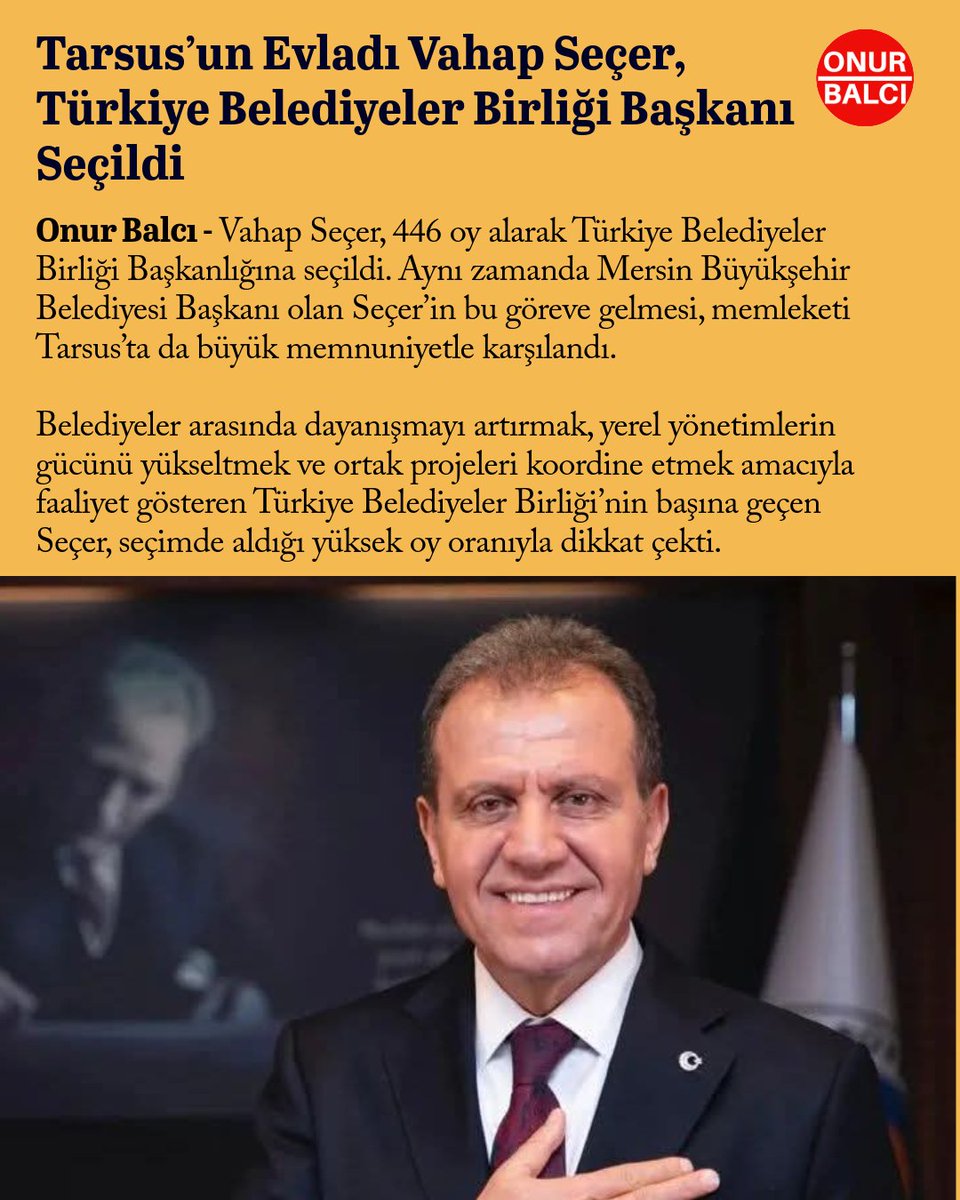 mersinceride's tweet photo. Tarsus’un Evladı Vahap Seçer, Türkiye Belediyeler Birliği Başkanı Seçildi

Vahap Seçer, 446 oy alarak Türkiye Belediyeler Birliği Başkanlığına seçildi.

Başkan Seçer’in bu göreve gelmesi, memleketi Tarsus’ta da büyük memnuniyetle karşılandı
#mersin https://t.co/Nhw70RiHqQ