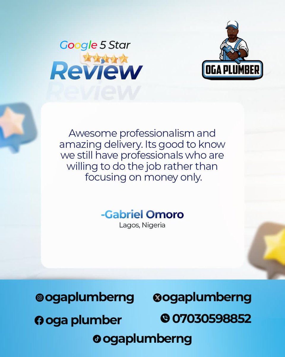 ogaplumberng's tweet photo. Professionalism and good customer service are part of our core values @ogaplumberng

Call us today on +2347030598852 or book a plumbing schedule on our website https://t.co/XrpalzGssM (link in bio)
.
.
.
#worldplumbers
#plumberinlekki
#plumbing 
#plumber
#plumberinlagos https://t.co/E82SIfeoch