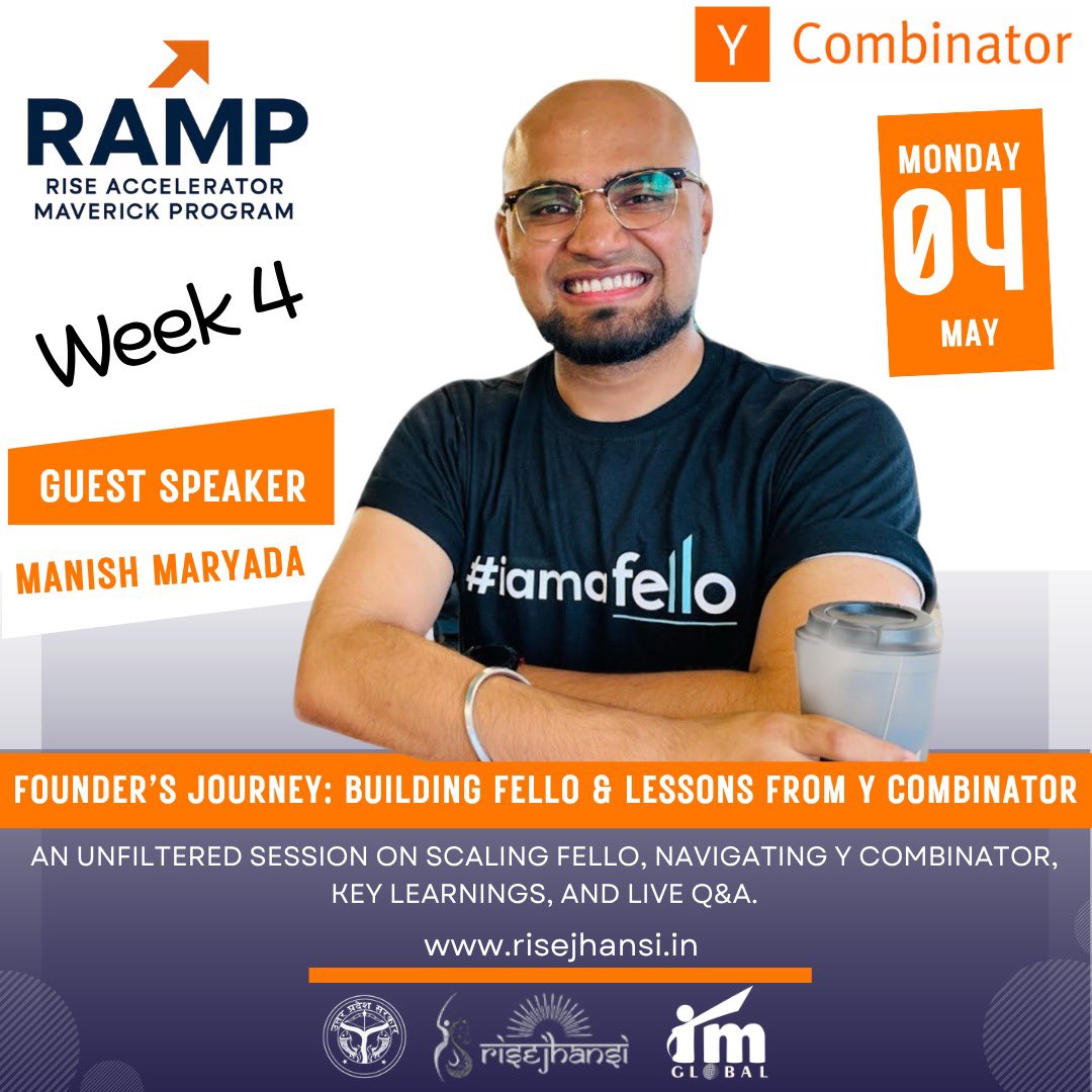 RiseJhansi's tweet photo. RAMP Week 4 Special Session 
Join Manish Maryada, Founder &amp; CEO of Fello (YC W22), for real insights on building &amp; scaling a 1M+ user startup, YC learnings, and honest founder challenges.
🗓 4 May | ⏰ 4 PM
#startup #fundraising #founderjourney #RAMP #YCombinator #IndiaStartups https://t.co/nyn3fSp70d
