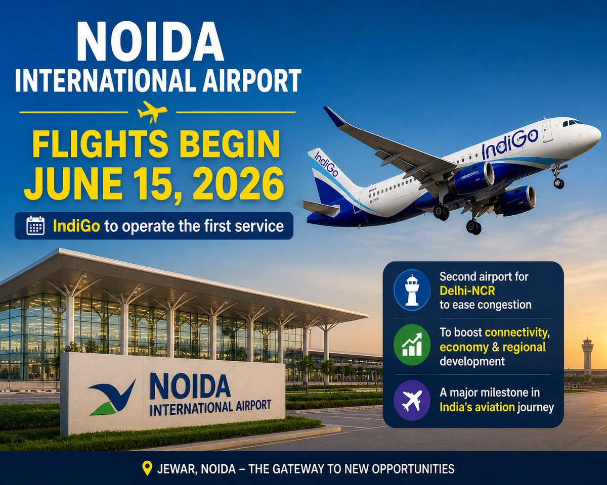 UPDevBuzzzz's tweet image. ✈️ Big boost for aviation! Noida International Airport set to launch commercial flights from June 15, with IndiGo operating the first service. A game-changer for Delhi-NCR connectivity, easing IGI congestion and fueling regional growth 🚀 #NoidaAirport #Aviation #India