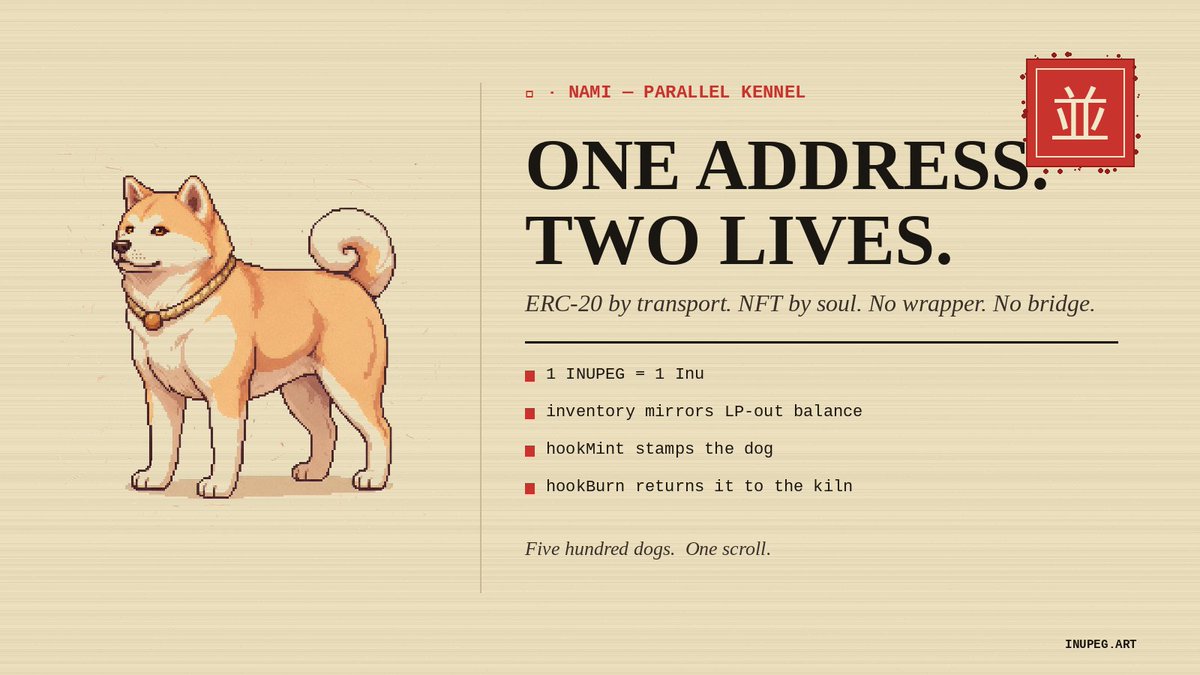 Inupeg's tweet photo. 並 — the parallel kennel.

One contract. Two lives. ERC-20 by transport, NFT by soul.

No wrapper, no bridge, no sister contract. The token IS the dog. Inventory mirrors LP-out balance — hookMint stamps a fresh Inu, hookBurn returns it to the kiln.

Most projects pick one. We refused.

https://t.co/sjOTvJLX0J
