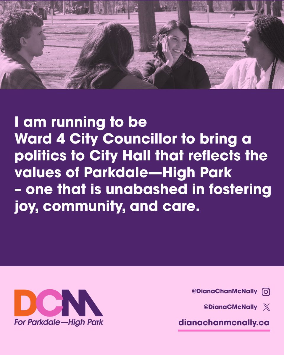 DianaCMcNally's tweet image. I’m running for Ward 4 City Councillor to bring a politics of joy, community, and care to City Hall – and to move away from fear and division.

If you’re ready for a more hopeful, united Toronto, sign up to volunteer at dianachanmcnally.ca/volunteer

#TOpoli