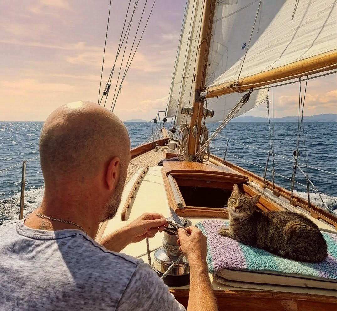 phantom_elsy's tweet image. Loin des autres et de leur agitation, nous avons trouvé notre rythme. Tigri en vigie, moi à la barre, le voilier glisse sur une mer sans fin. C'est dans ce silence partagé, à l'écart du monde, que nous nous sentons pleinement vivants.  #Sailing