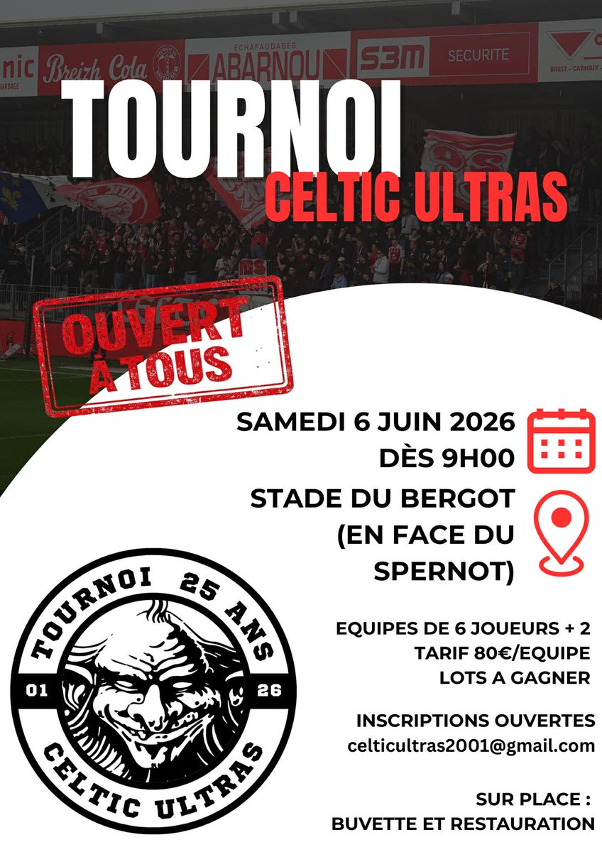 CelticUltras's tweet photo. [TOURNOI DE FOOTBALL - 25 ANS DES CELTIC ULTRAS]

A l'approche des 25 ans de notre association, le groupe organise un tournoi de football ouvert à tous qui aura lieu au stade du Bergot à Brest le samedi 6 juin 2026 dès 9H. https://t.co/CXTyZQZJ1q