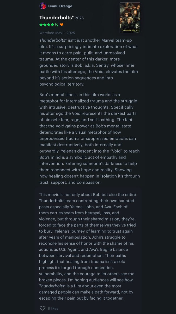 KeanuOrange's tweet photo. @FilmUpdates happy 1 year anniversary to my Thunderbolts* review on Letterboxd https://t.co/txMbsQ3ke9