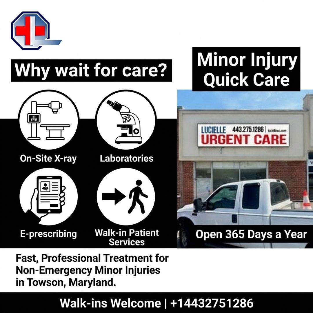 Ayukmbusa's tweet image. Why wait for care when minor cuts, burns, and strains need quick attention—walk in to Lucielle Urgent Care or call +14432751286. #UrgentCare #TowsonMD #MinorInjuries #WalkInClinic #SameDayCare #MarylandHealth