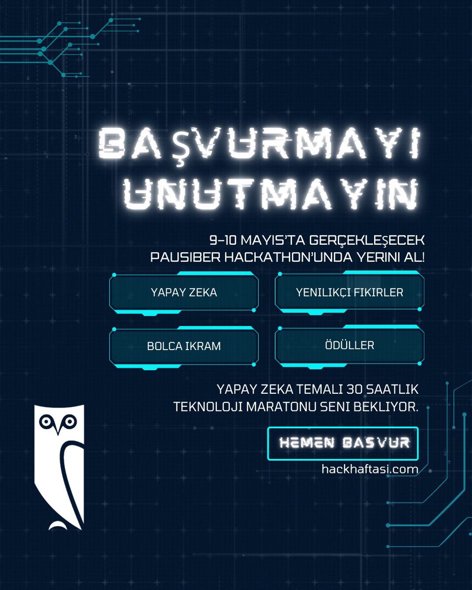 SiberPau's tweet image. Geleneksel hale getirdiğimiz Hackathon etkinliğimiz için geri sayım başladı.

Etkinlik hakkında daha fazla bilgi edinmek ve kayıt olmak için bio’daki linkten web sitemizi ziyaret edebilirsiniz!🦉✨
🔗 hackhaftasi.com 
#hackathon #pausiber #code