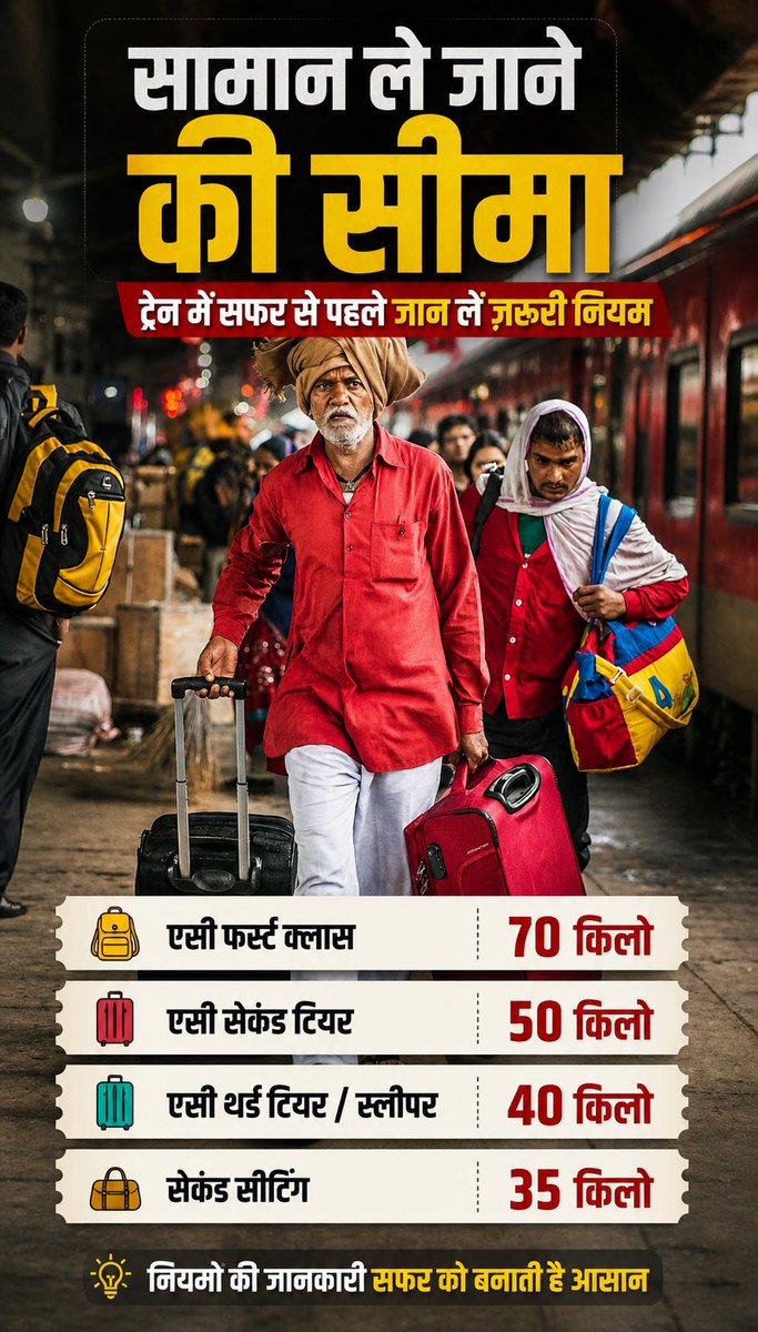 khansazidmohd's tweet image. Train में सफर से पहले ये जान लो 🚆
ज्यादा सामान ले गए तो देना पड़ सकता है जुर्माना! 💼⚠️
Save करो और safe travel करो ✅

#IndianRailways #TrainTravel #TravelTipsIndia #RailwayRules #LuggageLimit #TravelSmart #IndiaTravel #RailwayNews #PublicAwareness #TravelGuide #ReelIndia