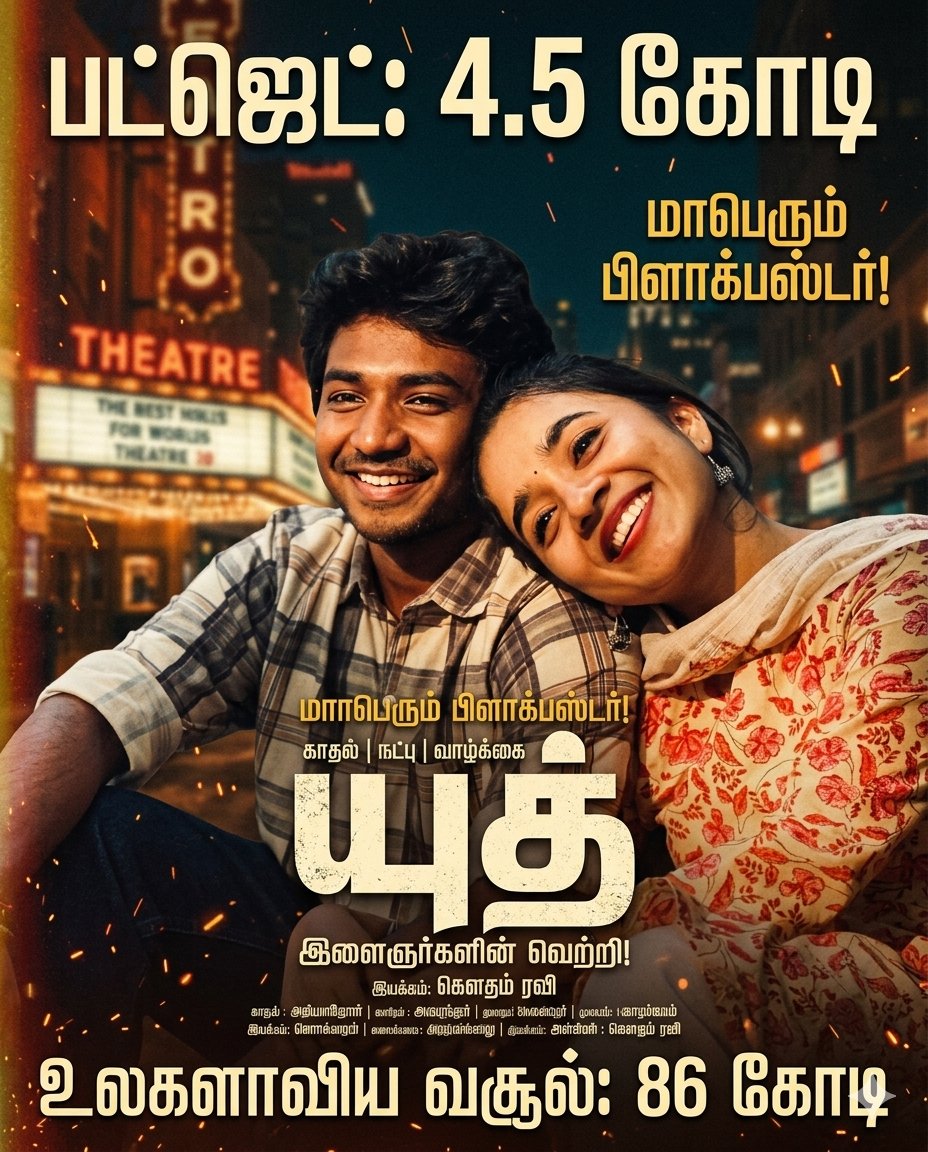 YellowBoys31's tweet image. சிறிய பட்ஜெட், மிகப்பெரிய வெற்றி! (Small Budget, Very Big Win!)
​#YouthMovie #TamilCinema #Blockbuster #NewRelease #CoupleGoals #Viral #LoveIsIntheAir #ComingSoon #MustWatch #MustWatchMovie #GouthamRavi #GowthamRavi #Entertainment #MovieOf TheYear #Entertainment #BudgetMovie