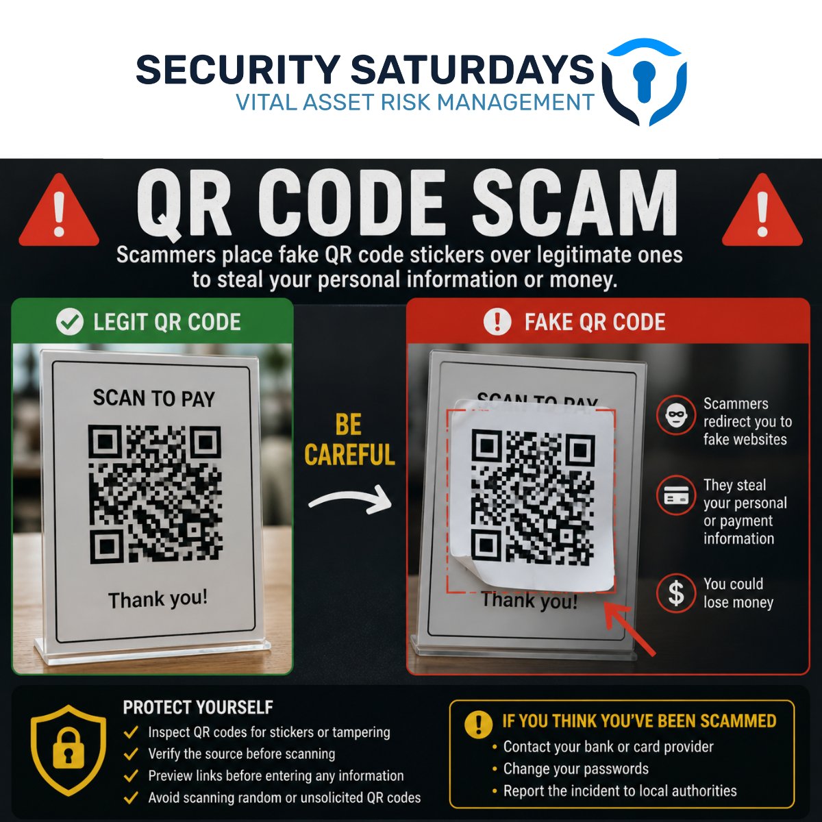 Vital_Asset_Sec's tweet photo. 📱 #SecuritySaturdays
QR code scams are rising—fake stickers can redirect you to fraudulent sites.
🔍 Check for tampering
🌐 Preview links
💳 Don’t enter payment info from unknown codes
A quick scan shouldn’t cost you.
#FraudPrevention #YYC #YEG https://t.co/dlb7QTcmIC
