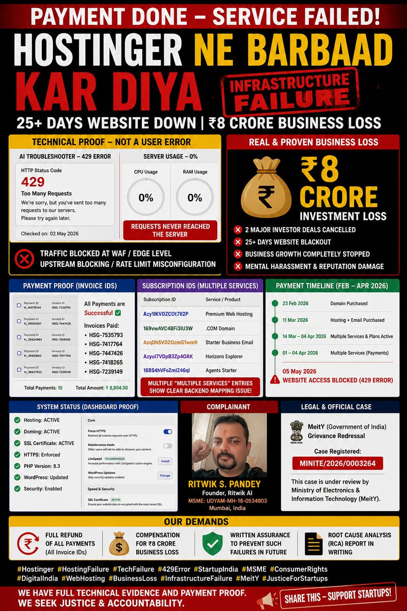PandeyRitw15743's tweet image. Payment done.
Service failed.

429 error + 0% usage = upstream block.

Not user fault. Provider failure.

₹8Cr loss.

Case: MINITE/2026/0003264

#Hostinger #TechIssue #StartupIndia 
@AshwiniVaishnaw @PiyushGoyal @Hostinger