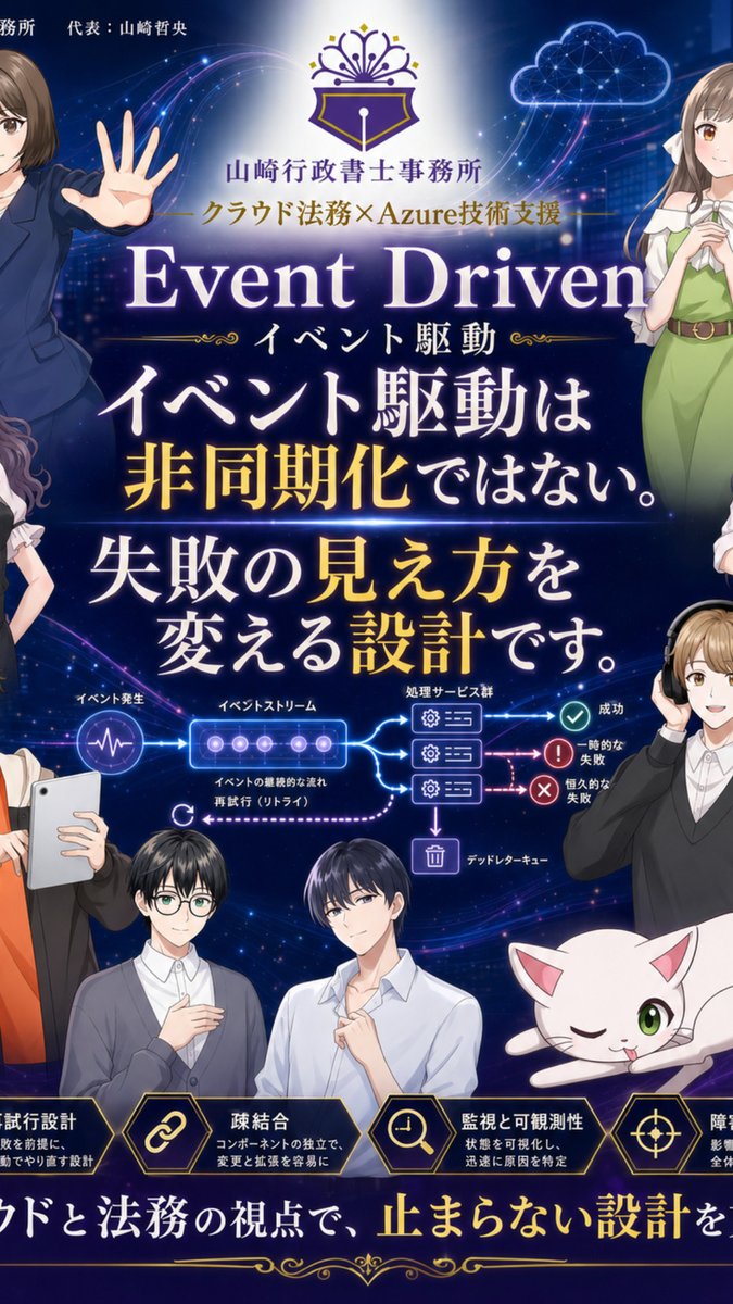 shizuokagyousei's tweet image. 新記事：イベント駆動＝止まらない、ではありません。Azure環境での失敗管理・データ整合性・説明責任を技術と契約の視点で整理しました。記事はこちら👉 wix.to/rGkfrIz
#イベント駆動 #Azure #クラウド法務 #SRE #障害対応