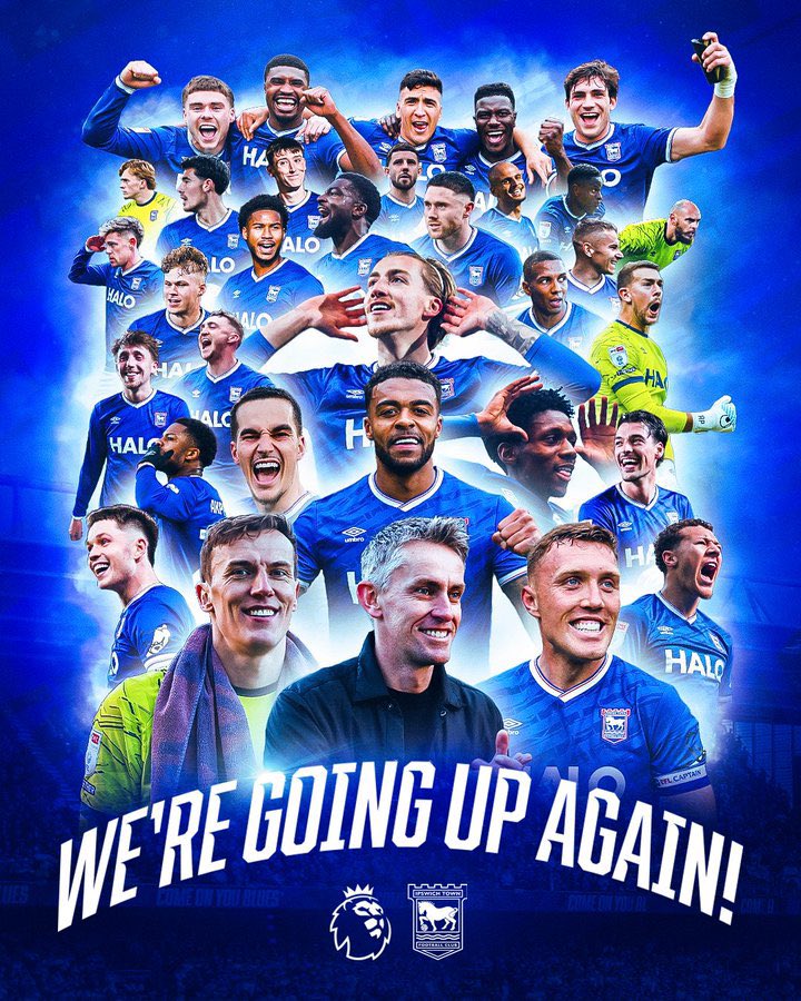 FansTribeHQ's tweet image. After being relegated from the Premier League last season, Ipswich Town have made an instant return and are back up to the Premier League. Congratulations Kieran McKenna 💙

#ipswich #premierleague #kieranmckenna