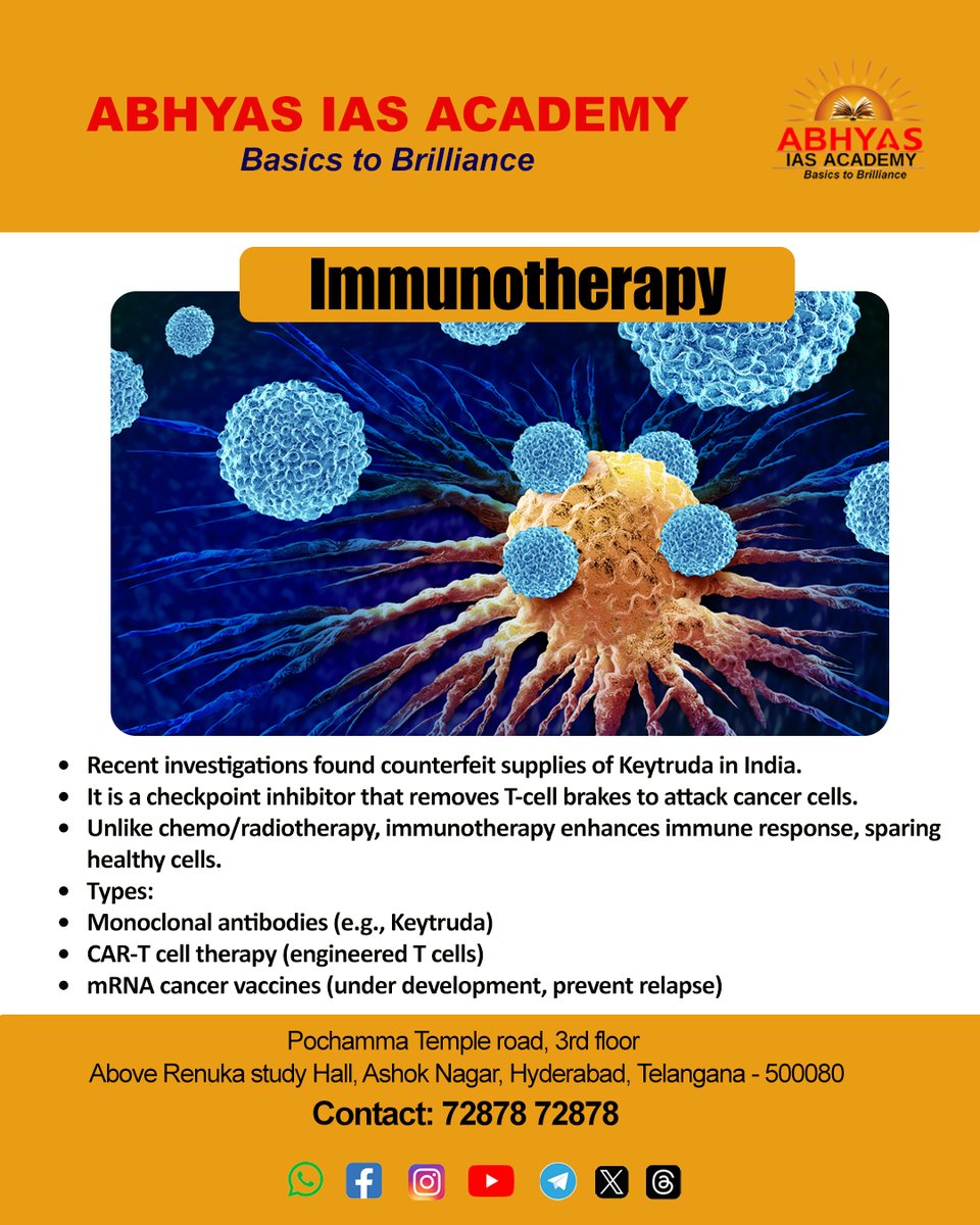 Abhyas_IAS's tweet image. Immunotherapy

Unlike traditional treatments, immunotherapy empowers your own immune system to fight cancer
From checkpoint inhibitors to CAR-T cells, science is redefining healthcare.

#UPSC #IAS #UPSCPreparation #CurrentAffairs #ScienceAndTechnology #Immunotherapy