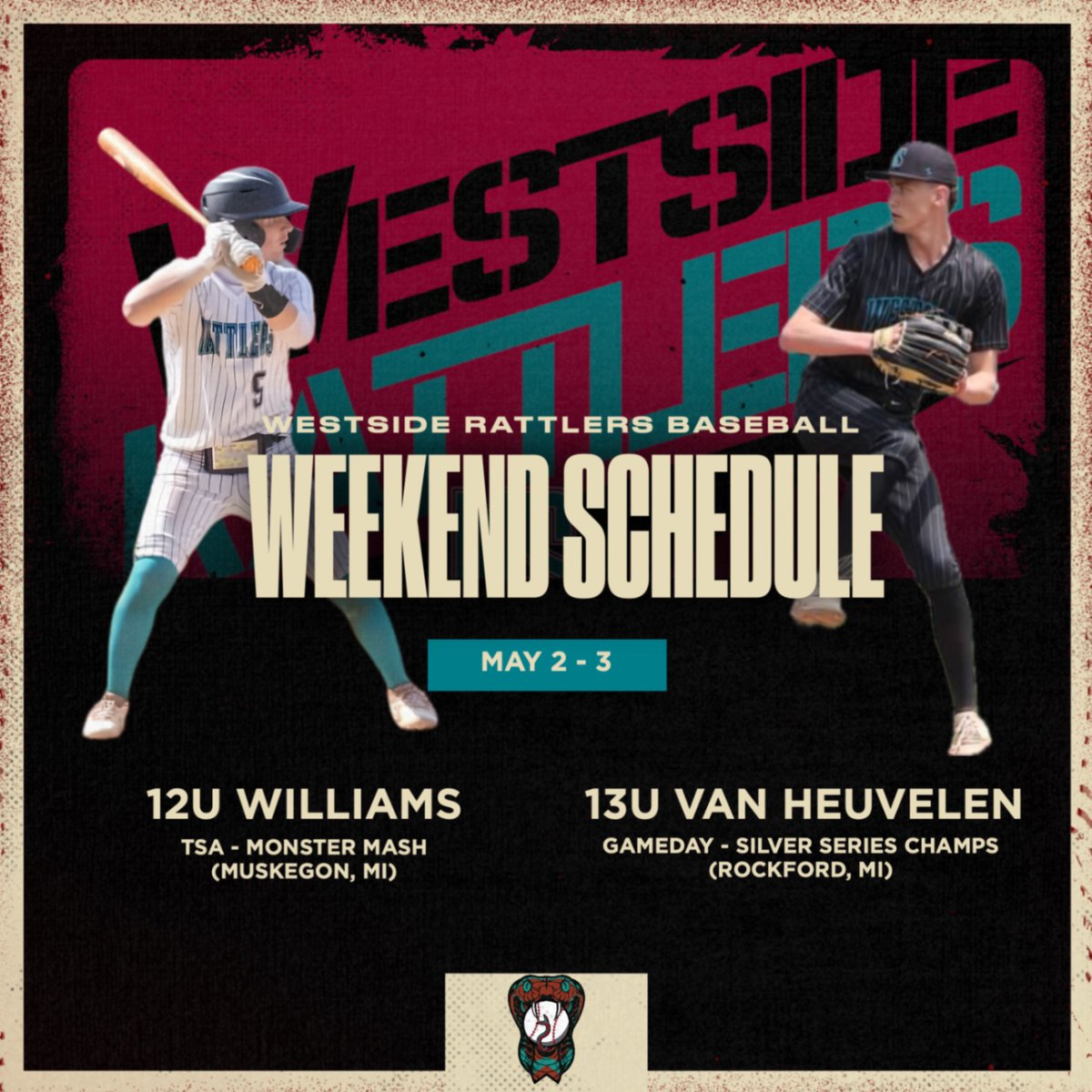 wsrbaseball's tweet photo. Good luck this weekend Rattlers. 13u Van Heuvelen looks to continue their success up in Rockford. While 12u Williams kicks off their season in Muskegon. 

GO RATTLERS! https://t.co/qo7wn4mBwD
