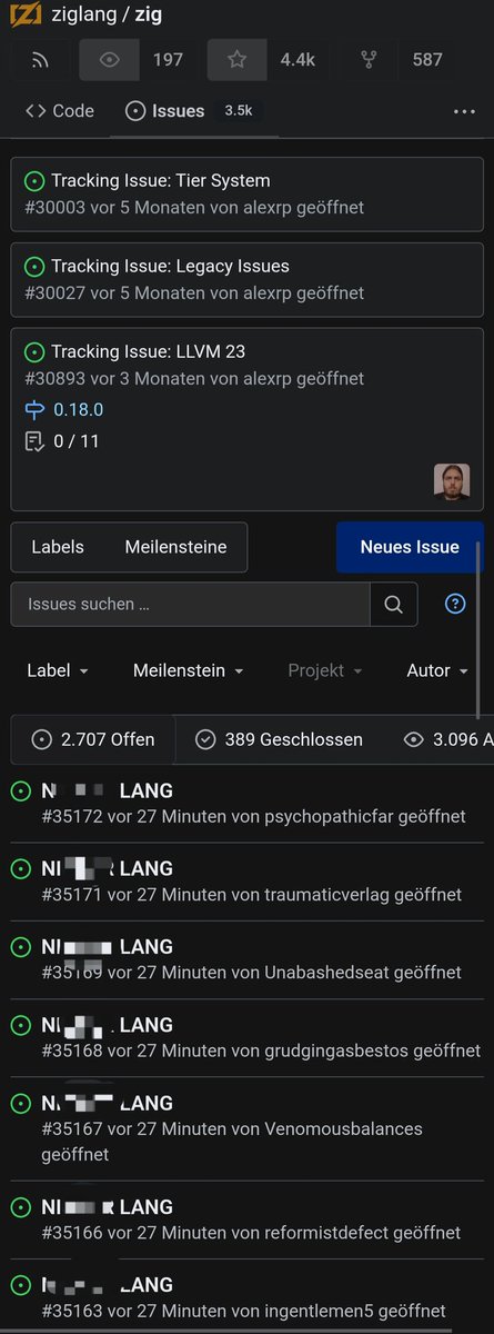 RabergerRaphael's tweet photo. https://t.co/RFogSHfNog

The official repository of the Zig programming language seems to be botted by soen accounts spamming issues with the N-word....

Genuinely, why are people like this? What could be the motivation behind this?

To the 14yo doing this: ts is not tuff. https://t.co/v58THRNl0V