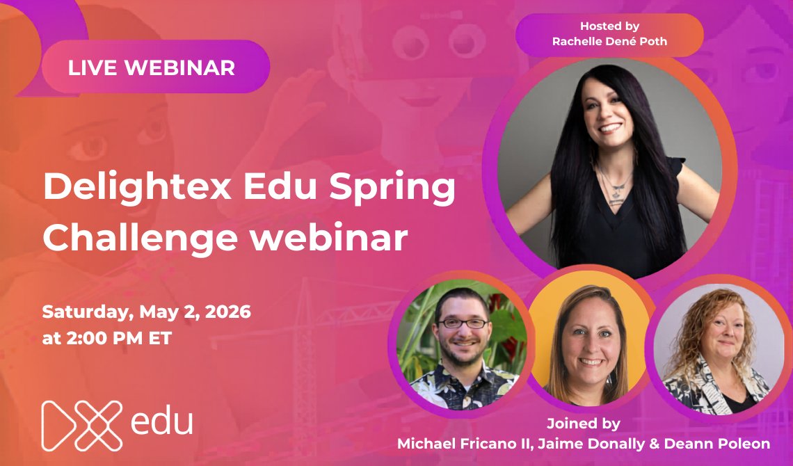 Rdene915's tweet image. Happening today!  Turn review time into creation time! Discover how students can build simulations, stories, and games using @Delightex_Edu during the Spring Challenge. 🌟
Save your spot: tinyurl.com/DelightexWeb
#education #STEM #coding #AI #learning #AI…