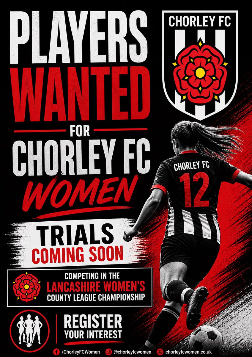 ChorleyFcWomen's tweet photo. 🔥 CHORLEY FC WOMEN - 2026/2027 TRIALS  🔥

Are you looking for a change?
Ready for a new challenge or to fall back in love with your football?

We’re inviting ambitious, committed players to come and experience what Chorley Fc Women  is all about.

⚽ Ladies Team | 16+
⚽ UEFA Qualified Coaches
⚽ Competitive, driven environment
⚽ A brilliant group on and off the pitch
⚽️ Excellent Facilities 
⚽️ Two hours training per week 
⚽️ Training & Match Day Kits Provided 
⚽️ Players Free Entry to Men’s 1st Team

Here at Chorley Fc Women  you’ll be part of a club that values hard work, togetherness, and enjoyment — with high standards and a real focus on improving every single week with a family feel . 

Competing in the championship division of the Lancashire women’s county league. 

If you’re serious about your football and want to be part of something special… this is a fabulous opportunity to get involved. 

STARTING IN MAY DATES TBC 

PLEASE FILL IN THE FORM TO REGISTER YOUR INTEREST 

https://t.co/Mu8h8oSLNR

To get involved please 
Email : chorleyfcwomen@gmail.com 
Or wattsapp 07801762132 
For further information ℹ️ 

#WeAreChorleyFc