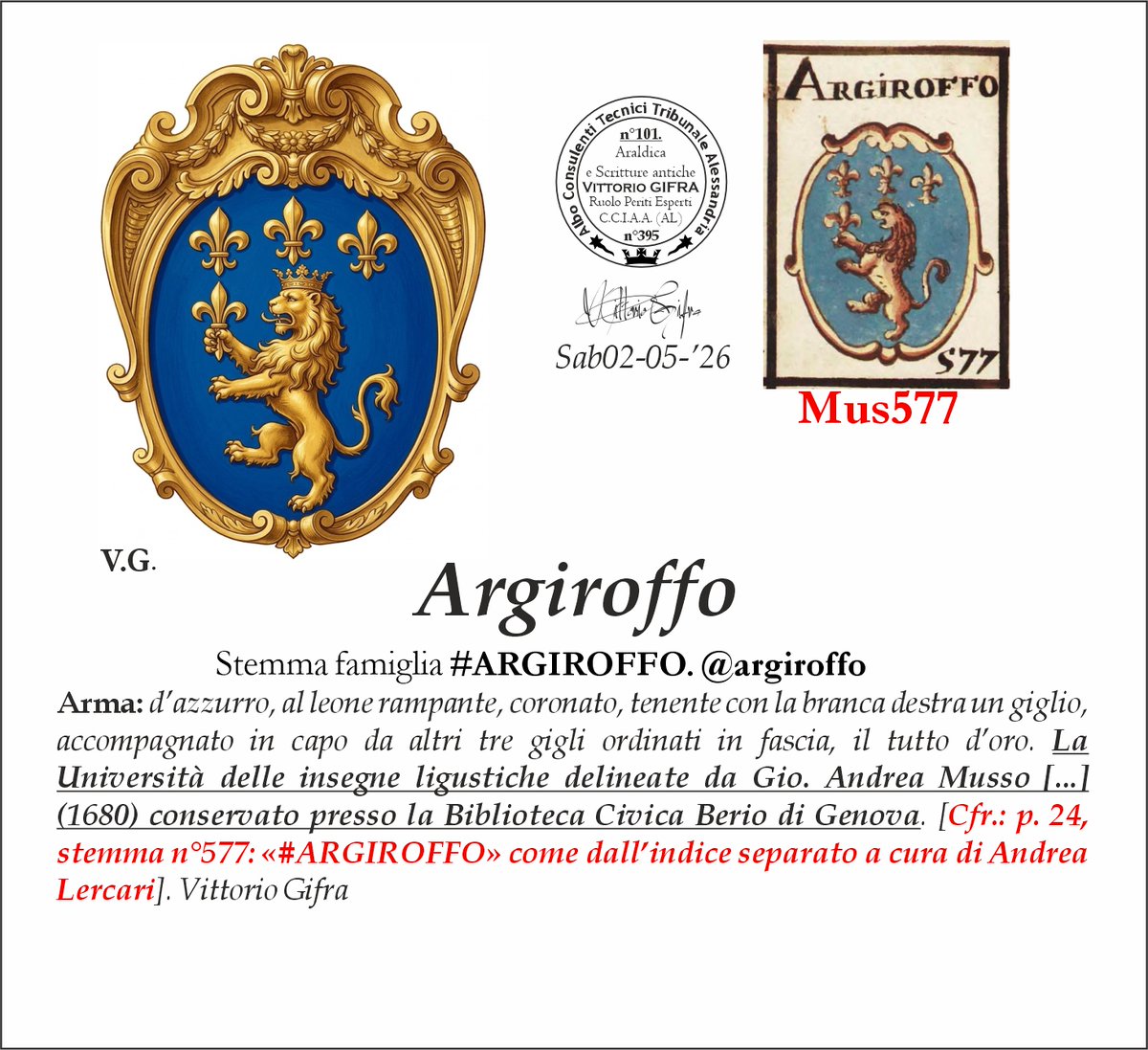 VGIFRA's tweet photo. Stemma famiglia #ARGIROFFO. @argiroffo
Arma: d’azzurro, al leone rampante, coronato, tenente con la branca destra un giglio, accompagnato in capo da altri tre gigli ordinati in fascia, il tutto d’oro. La Università delle insegne ligustiche delineate da Gio. Andrea Musso [...] (1680) conservato presso la Biblioteca Civica Berio di Genova. [Cfr.: p. 24, stemma n°577: «#ARGIROFFO» come dall’indice separato a cura di Andrea Lercari]. Vittorio Gifra