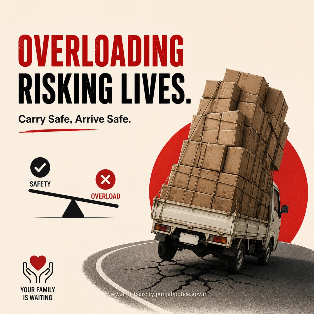 cpamritsar's tweet image. Overloading a vehicle might save a trip, but it can cost lives in seconds. One wrong turn, one sudden brake and control is gone. Drive within limits, protect yourself and others on the road.

#StaySafe