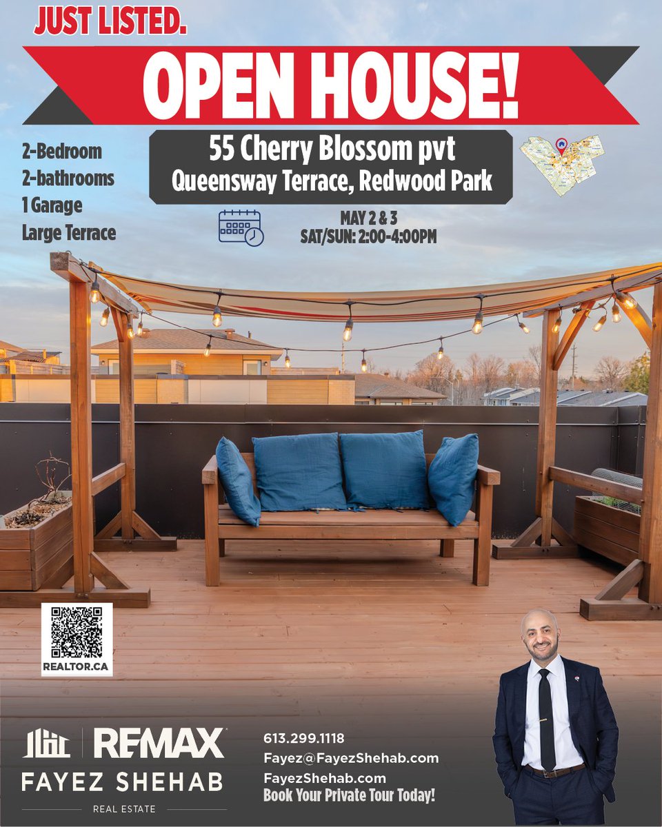 fayezshehab's tweet image. Step into modern luxury!

You're invited to our open house at 55 Cherry Blossom Pvt! Explore this stunning 2-bed, 2-bath home with a large terrace and garage. Don’t miss out—join us May 2 &amp;amp; 3, 2:00-4:00 PM!

#OpenHouse #ModernLiving #YourNextHome